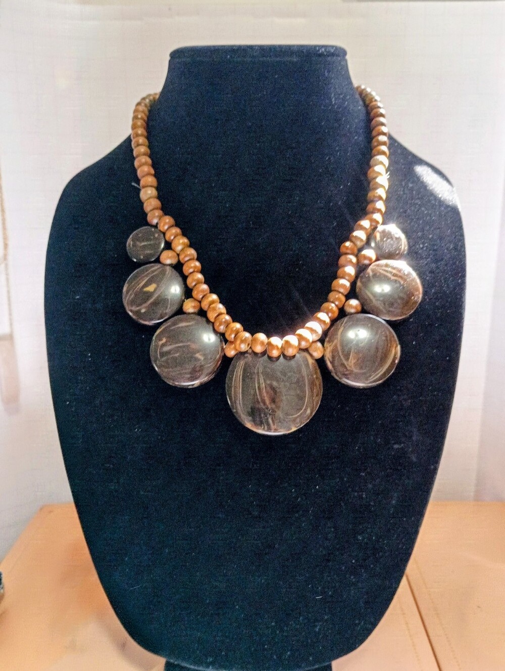 Adjustable Brown Wood Beaded Bib Necklace